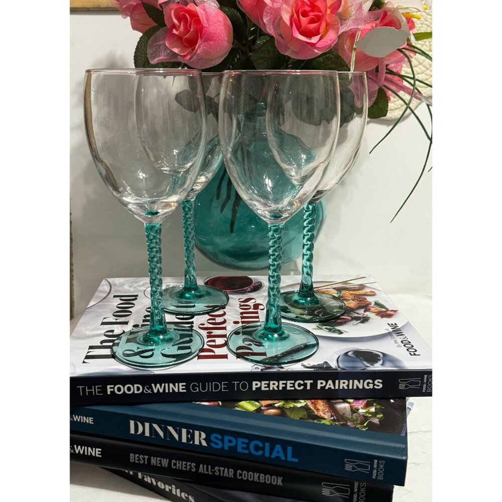 Vintage Cristal D’Arques Angelique Aqua Twisted Stem Wine Glass Set Of 4